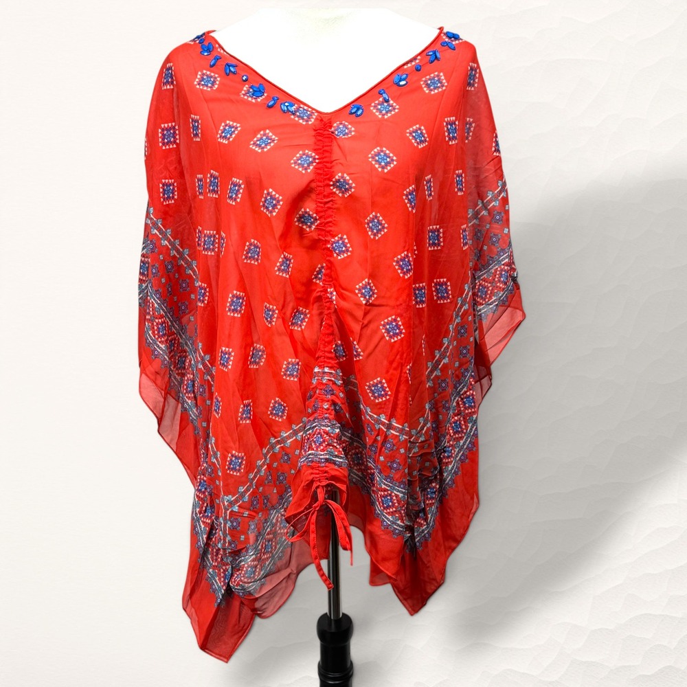 Hannah Kaftan Blouse Womens 2X Red Boho Geometric Print Drawstring V-Neck